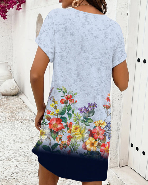 Kleid V-Ausschnitt Knopfleiste Bedruckt Lässig