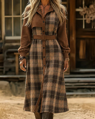Kleid Patchwork Karo Gürtel Hemd