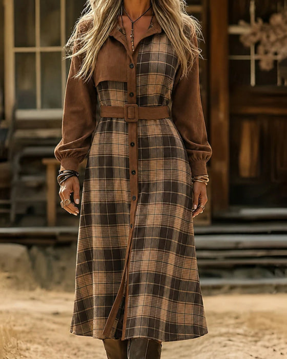 Kleid Patchwork Karo Gürtel Hemd