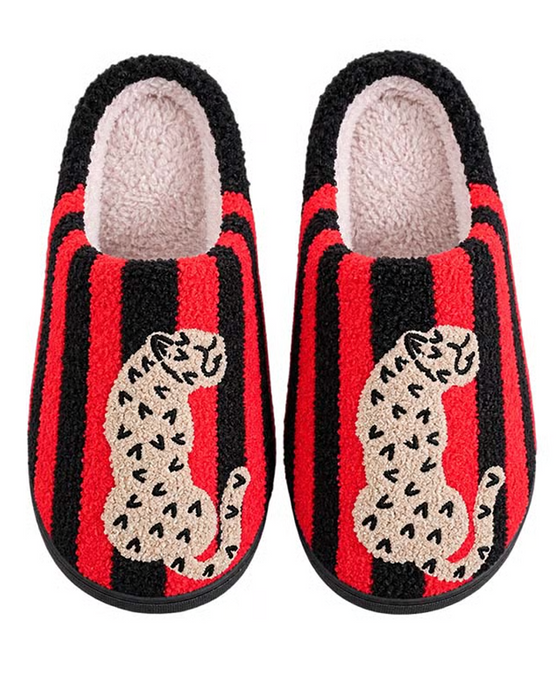 Dames Retro Gestreept & Luipaard Pluizige Pantoffels