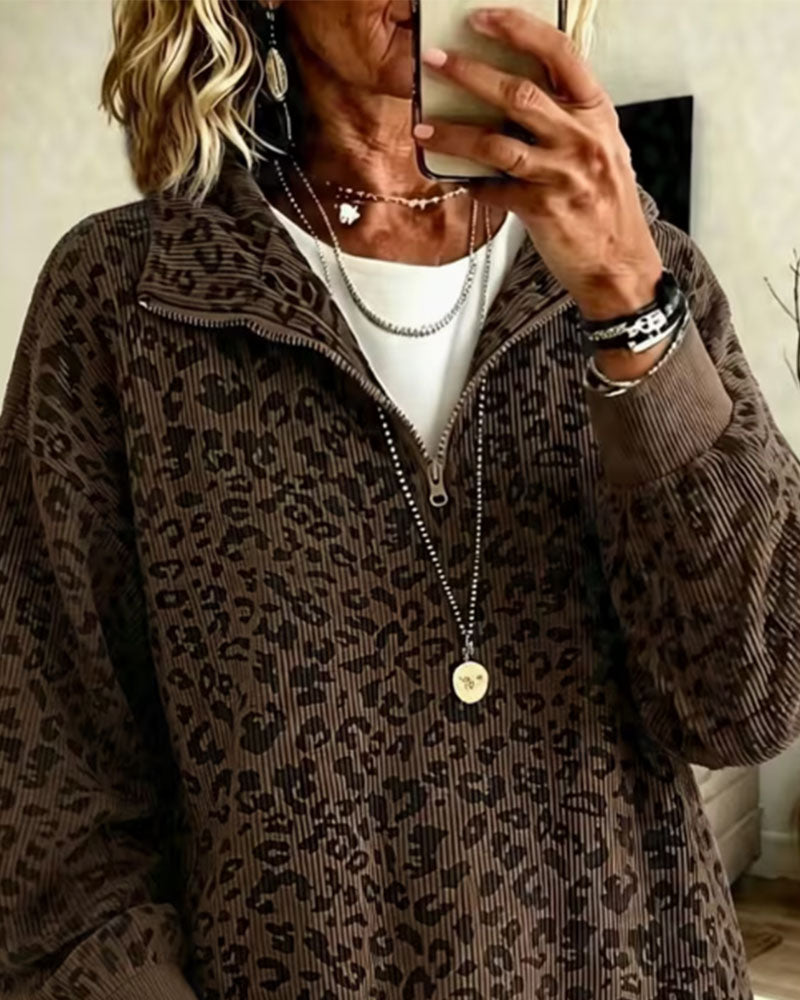 Sweatshirt Halb Reißverschluss Leopard Pullover