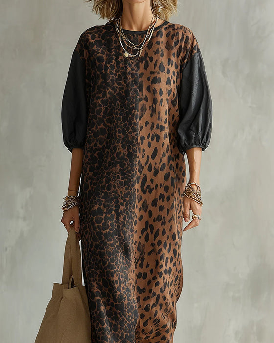 Kleid Leopardenmuster Farbblock Puffärmel