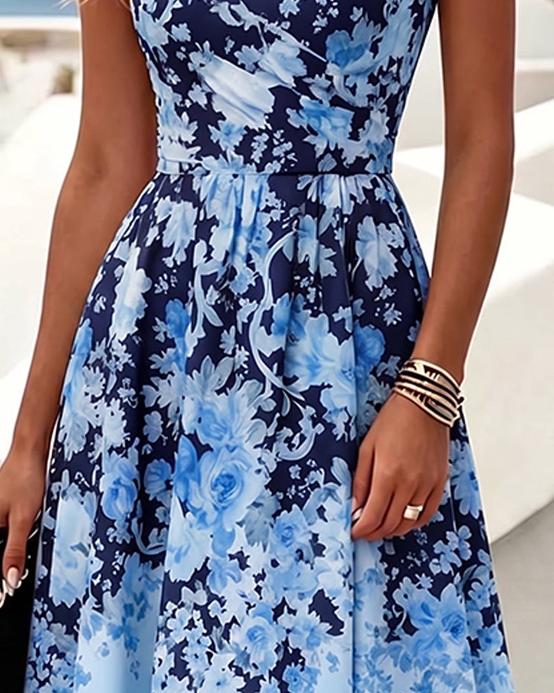 Kleid Ärmellos Rundhals Hohe Taille Bedruckt