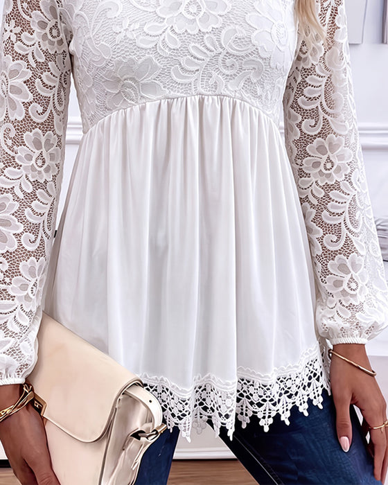 Bluse Spitze Langarm Gerafft