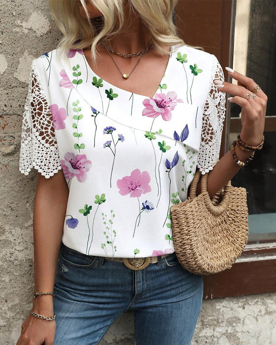 Bluse bedruckt modisch Spitzeneinsatz