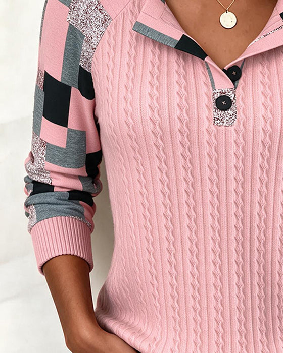 Sweatshirt Farbblock Henley Kragen Langarm Geknöpft