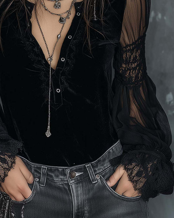 Bluse Knöpfloser V-Ausschnitt Puffärmel