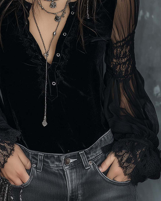 Bluse Knöpfloser V-Ausschnitt Puffärmel