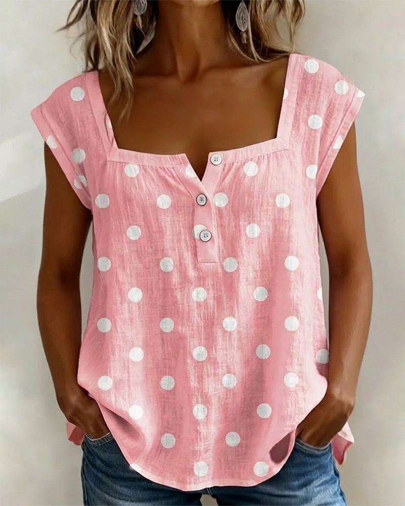 T-Shirt Quadratischer Ausschnitt Gepunktet Kurzarm