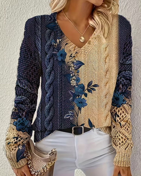 Pullover Verlauf Farbblock Blumig V-Ausschnitt Ausgeschnitten