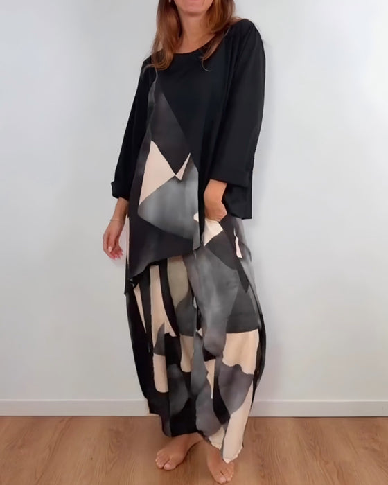 Zweiteiliges Set lässiger geometrischer Druck Weitbeinhose