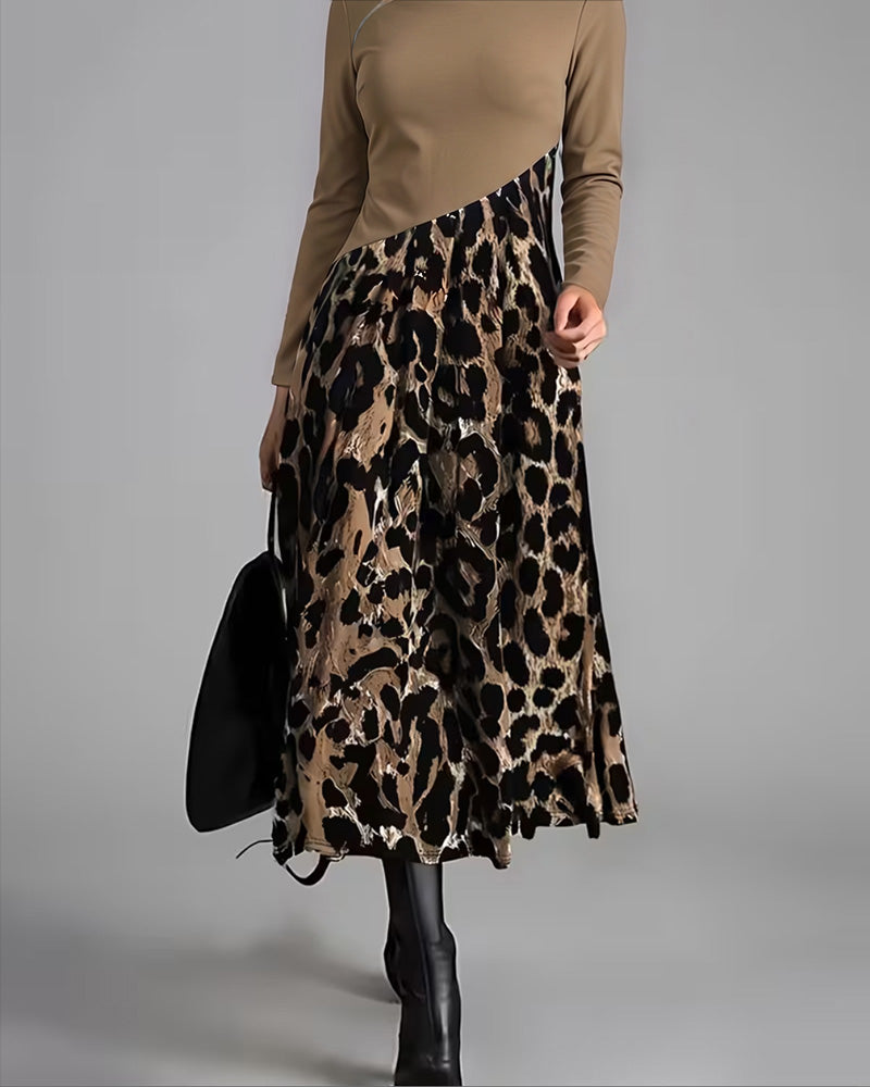 Kleid Rundhals Leopard Weiter Rock