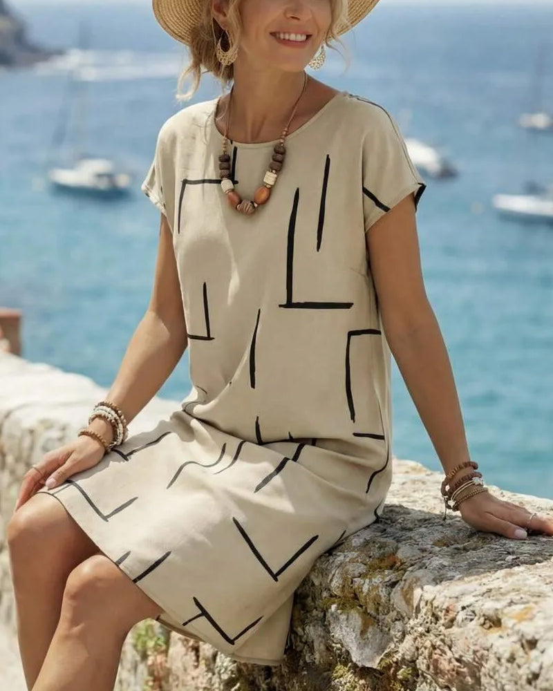 Kleid Damen Sommer Lässig Druck Rundhals