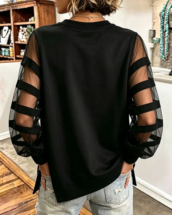 Sweatshirt Runder Ausschnitt Schlitz Unifarbe Tüll