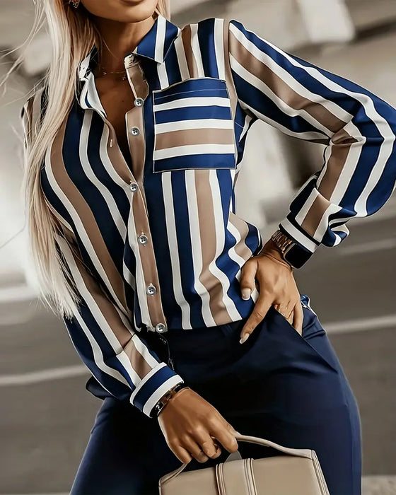 Stylish Streifen-Druck Temperament Pendlerbluse