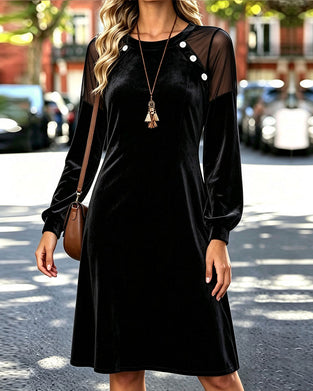 Kleid Rundhalsausschnitt Knopf Sheer A-Linie