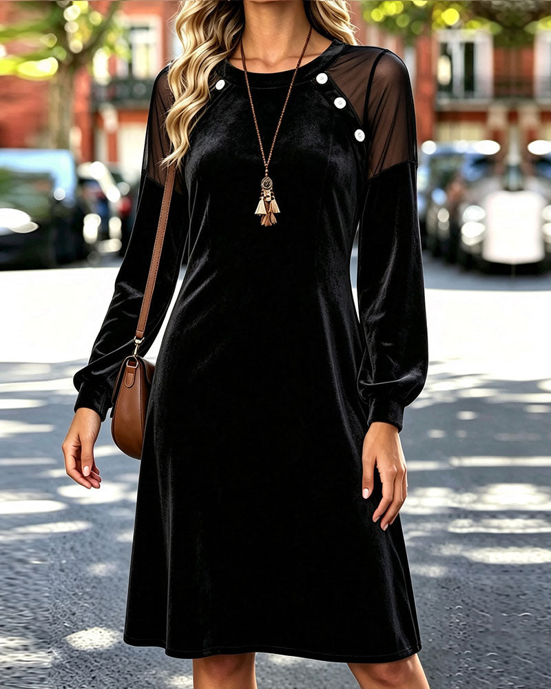 Kleid Rundhalsausschnitt Knopf Sheer A-Linie