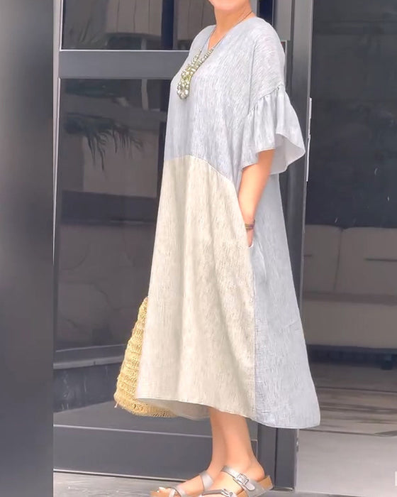 Kleid V-Ausschnitt Rüsche Ärmel Locker