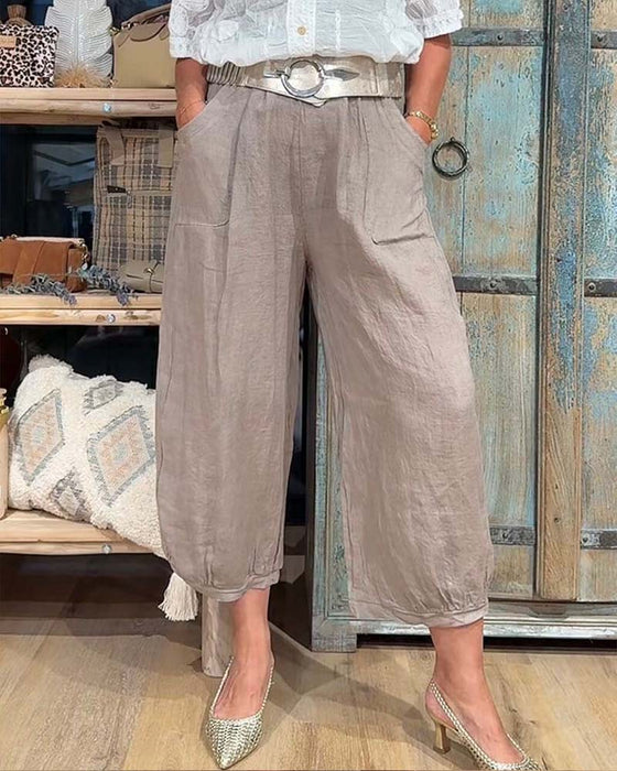 Hose Elastische Taille Tasche Weites Bein Gekürzt
