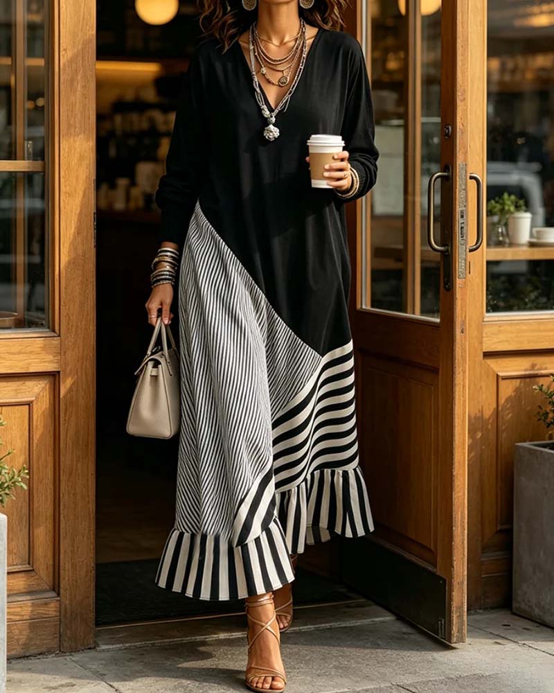Kleid V-Ausschnitt Streifen Patchwork Rüsche