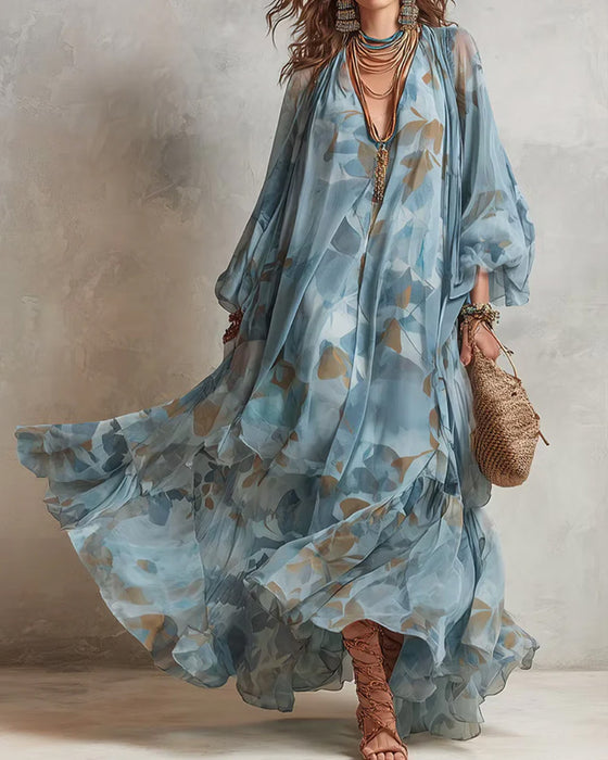 V-Ausschnitt-Kleid Mit Ballonärmeln Und Fließendem Schnitt