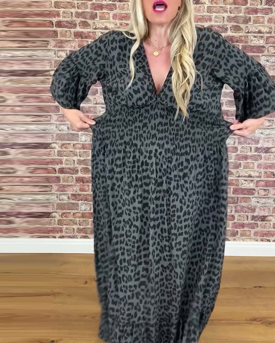Kleid V-Ausschnitt Taille Leopardenmuster