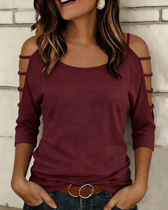 T-Shirt Uni Farbe Ellenbogenlang Ärmel Off-Shoulder