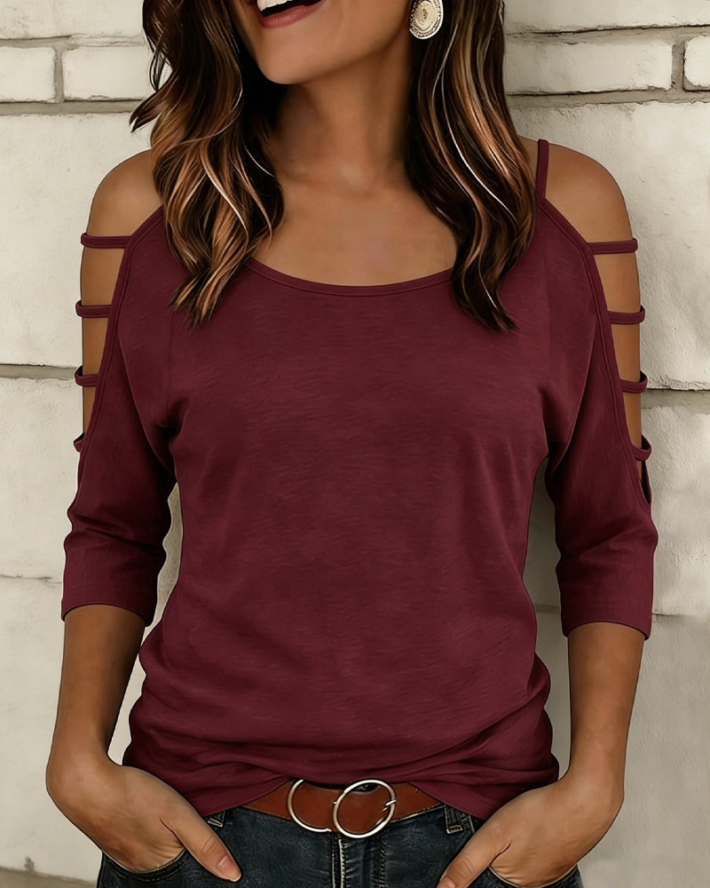 T-Shirt Uni Farbe Ellenbogenlang Ärmel Off-Shoulder
