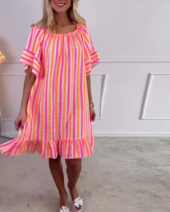 Kleid Rundhals gestreift plissiertes Shiftkleid
