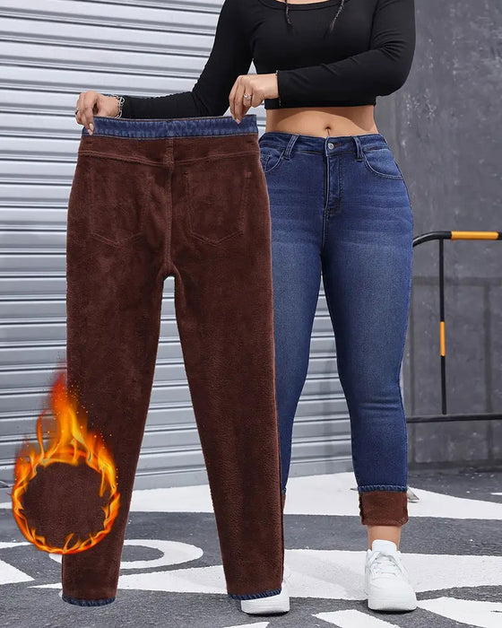 Jeans Damen Fleece-Gefüttert Einfarbig Tasche