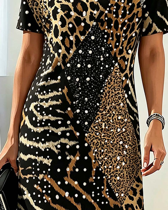 Kleid Leopardenmuster Rundhals Kurzarm Patchwork