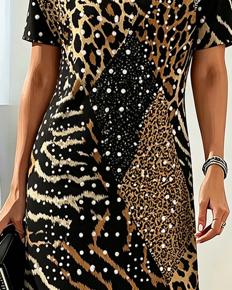 Kleid Leopardenmuster Rundhals Kurzarm Patchwork