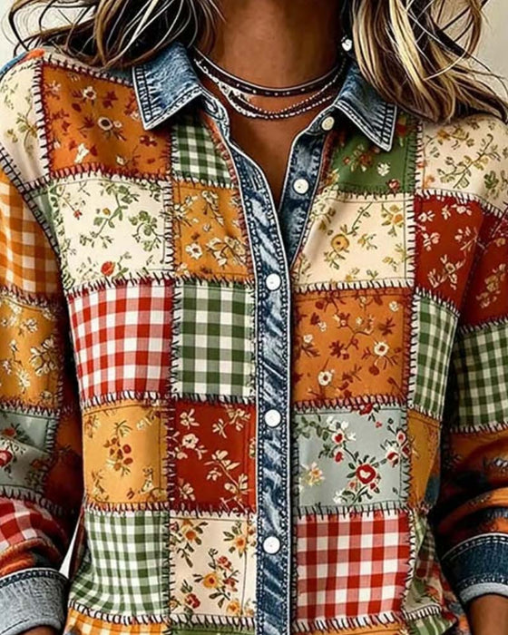 Oberteil Kragen Karo Denim Patchwork