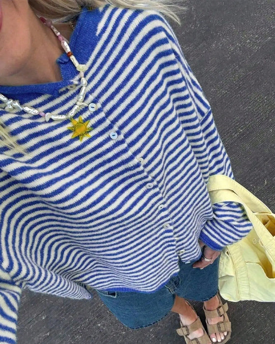 Pullover Rundhals Knopf Vorne Gestreift