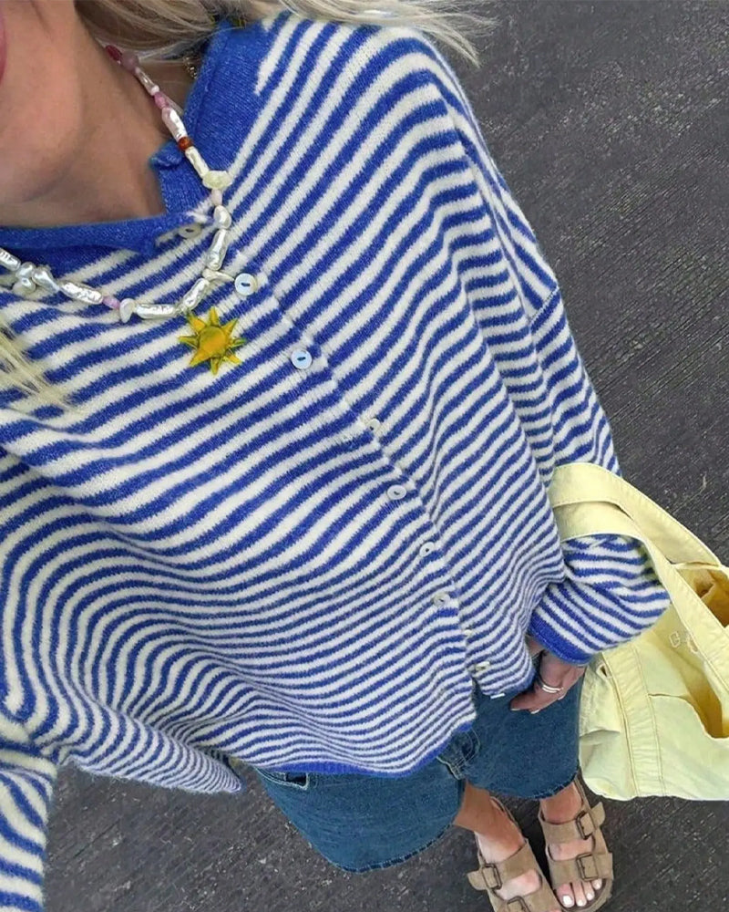 Pullover Rundhals Knopf Vorne Gestreift