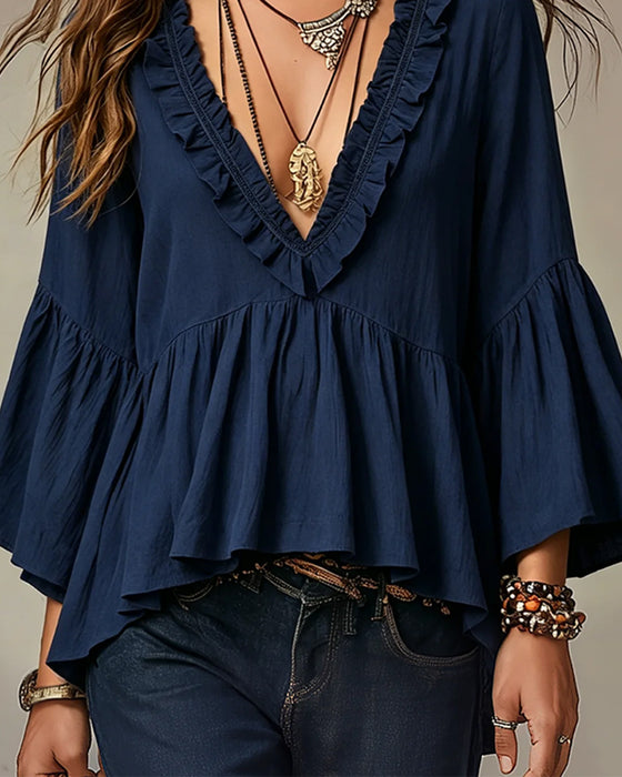 Bluse V-Ausschnitt Scallop Rüsche Besatz