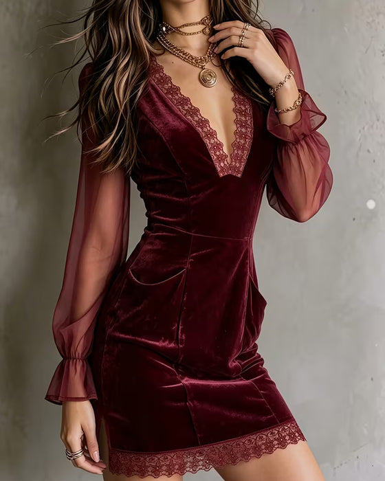 Kleid V-Ausschnitt Slim Fit Spitze Patchwork