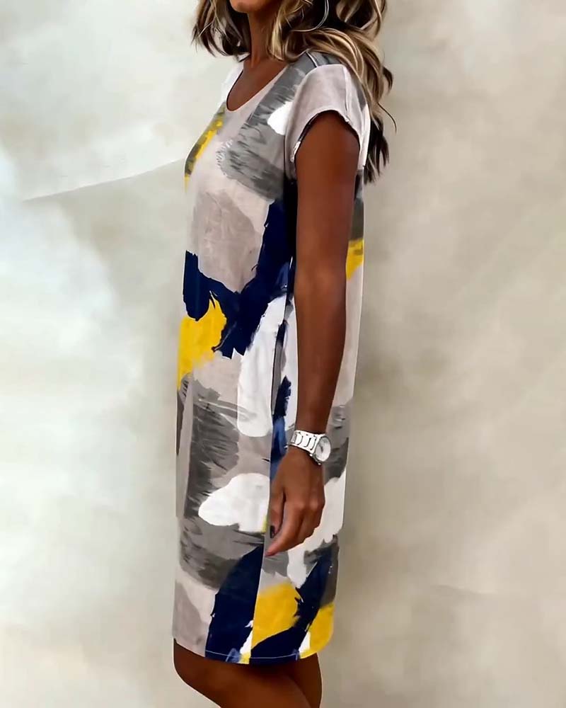 Kleid Runder Halsausschnitt Shibori Gedruckt