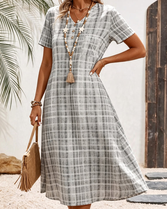 Kleid V-Ausschnitt Knopf Karo Tasche