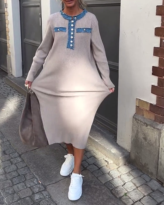 Kleid Denim Patchwork Rundhals Gestrickt