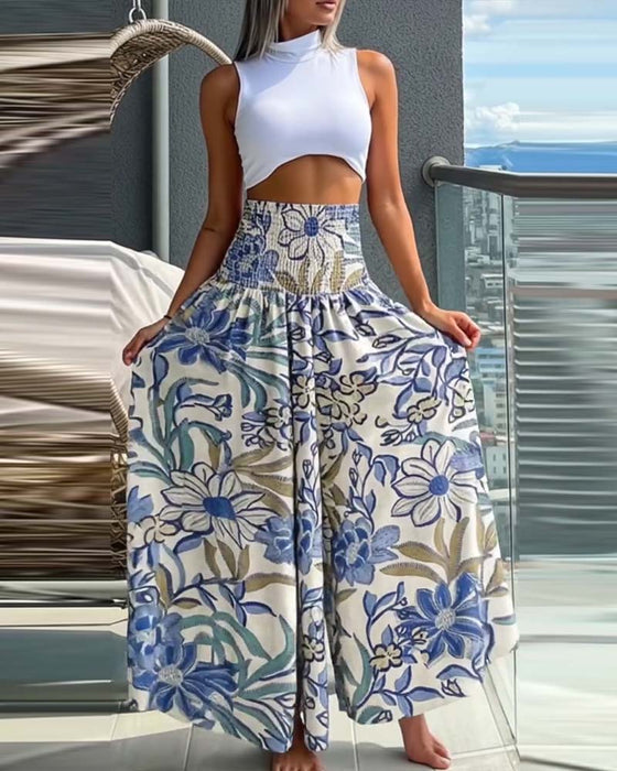 Hose Hoch Tailliert Blumenmuster Gummibund Weit Bein