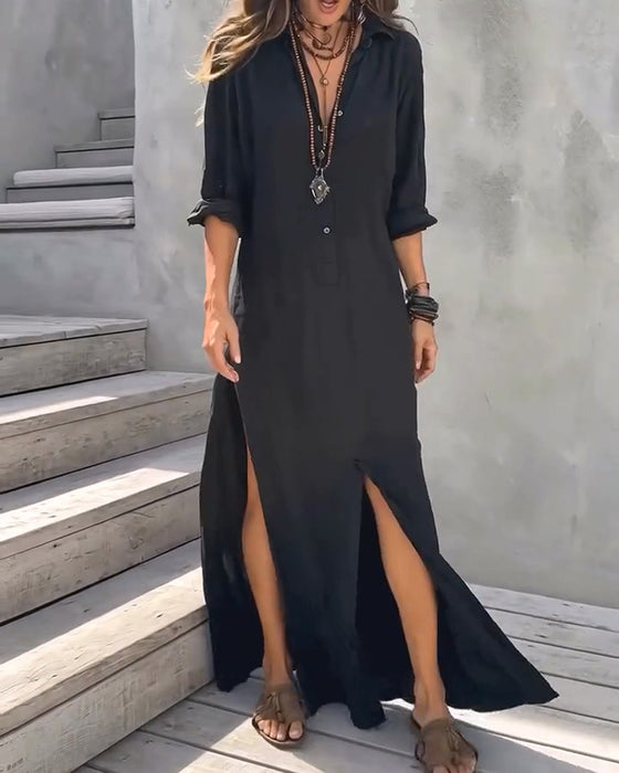 Kleid Hemdkragen Knopfleiste Seitenschlitz Unifarben
