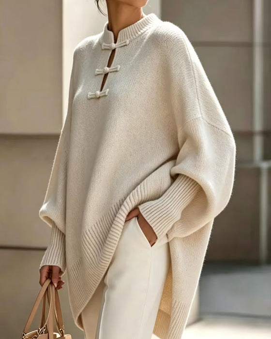 Pullover Mandarin Knoten Knopf Loose Fit Cape