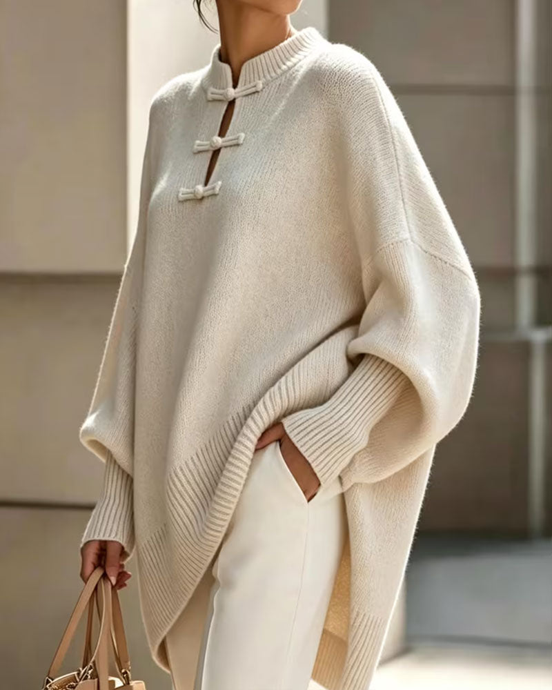 Pullover Mandarin Knoten Knopf Loose Fit Cape