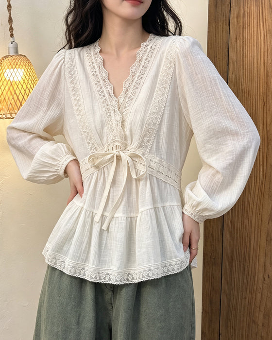 Bluse V-Ausschnitt Blasenärmel Spitze Patchwork Ausgestellt