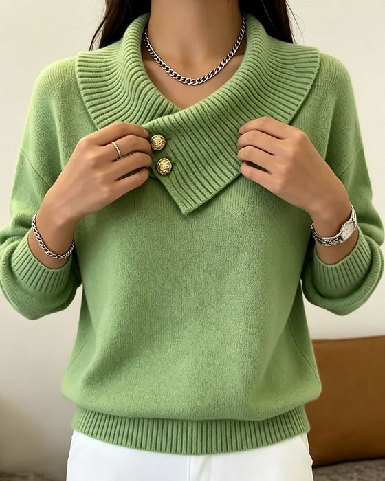 Pullover Diagonal Revers Knopf Einfarbig