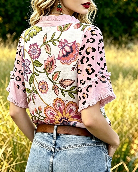 Bluse V-Ausschnitt Kontrast Print