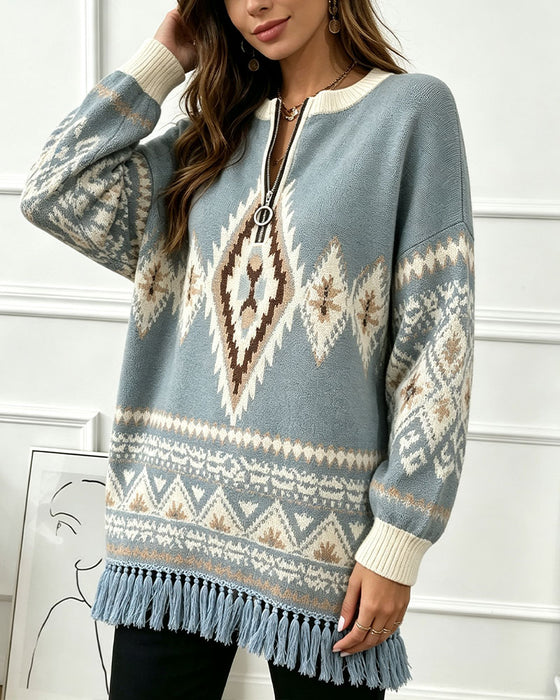 Pullover Geometrisch Jacquard Halb-Zip Fransen Saum