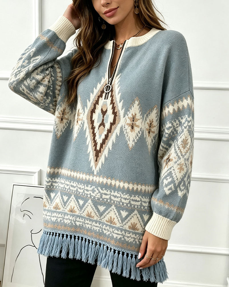 Pullover Geometrisch Jacquard Halb-Zip Fransen Saum
