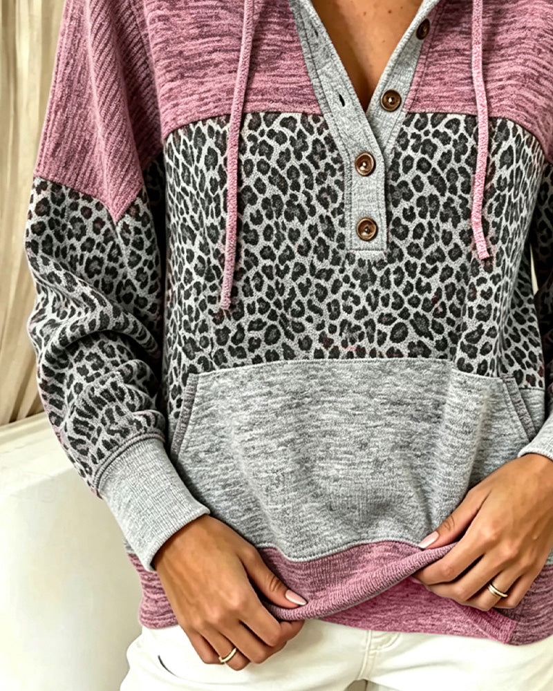 Hoodie Leopard Farbblock Kordelzug